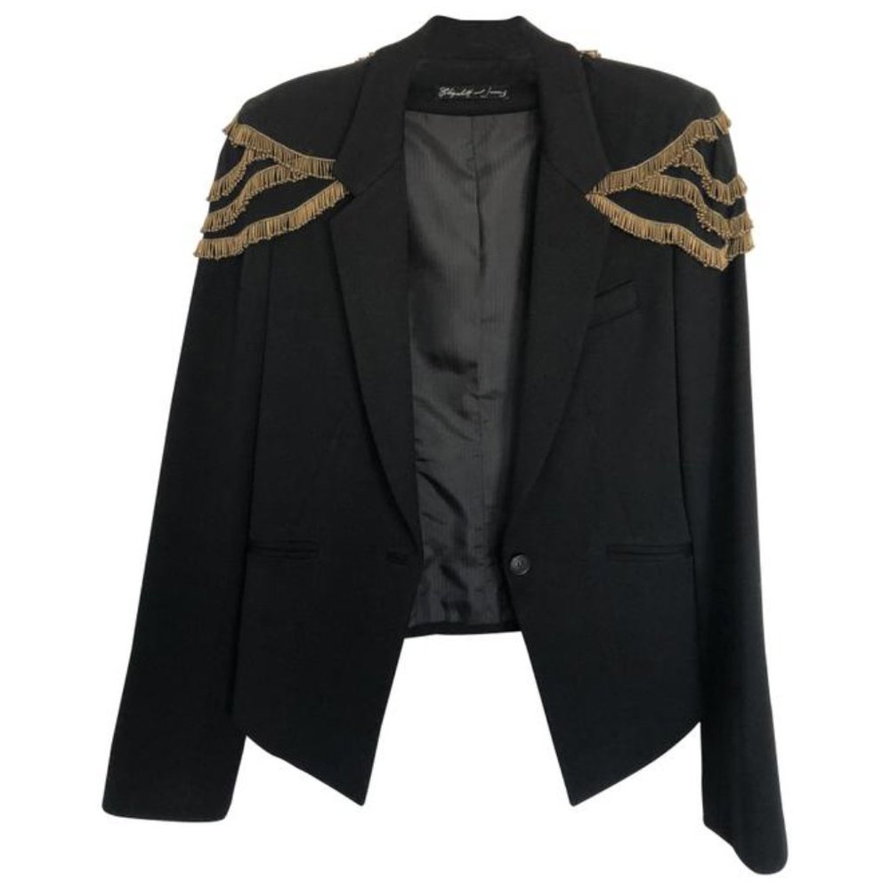 Elizabeth and James Black Blazer with Gold Fringe Shoulder Detail